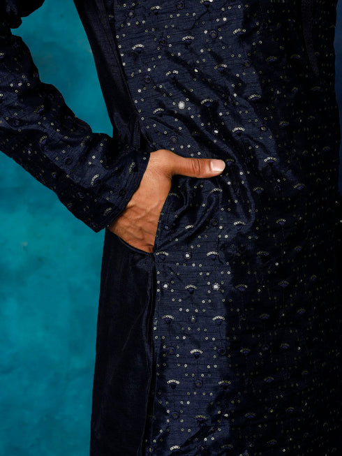 Men's Blue Silk Blend Embellished Kurta